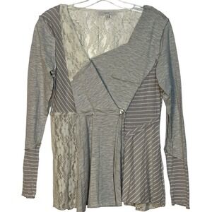Mystree‎ Knit Blouse Lace Long Sleeve Casual Boho Patchwork Gray S
